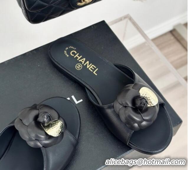 Shop Duplicate Chanel Camellia Bloom Calfskin Flat Slide Sandals 1.5cm Black 0224007