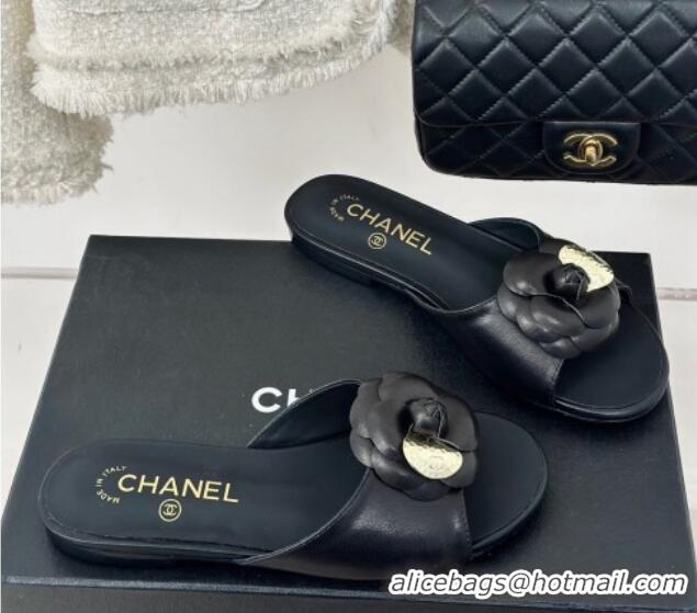 Shop Duplicate Chanel Camellia Bloom Calfskin Flat Slide Sandals 1.5cm Black 0224007