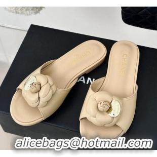 Most Popular Chanel Camellia Bloom Calfskin Flat Slide Sandals 1.5cm Beige 0224008