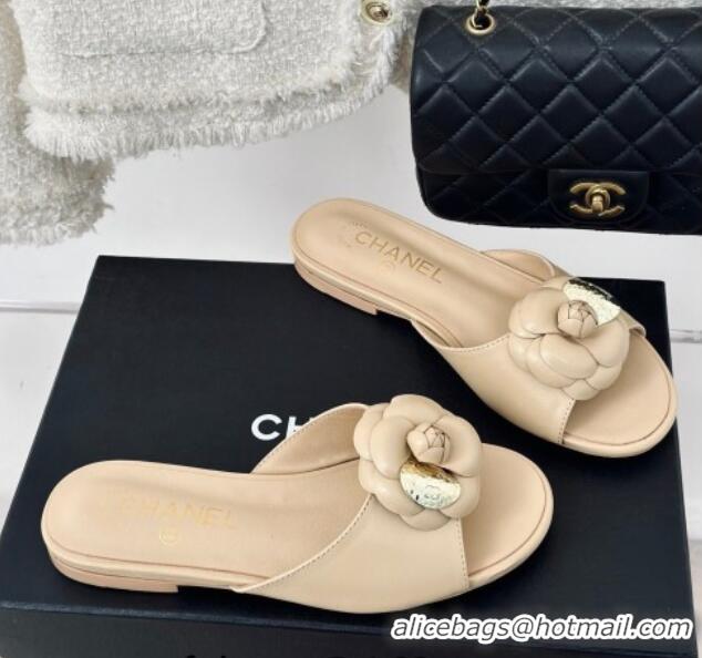 Most Popular Chanel Camellia Bloom Calfskin Flat Slide Sandals 1.5cm Beige 0224008