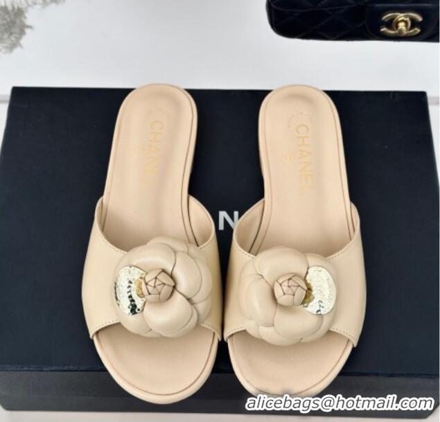 Most Popular Chanel Camellia Bloom Calfskin Flat Slide Sandals 1.5cm Beige 0224008