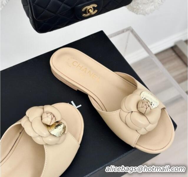 Most Popular Chanel Camellia Bloom Calfskin Flat Slide Sandals 1.5cm Beige 0224008