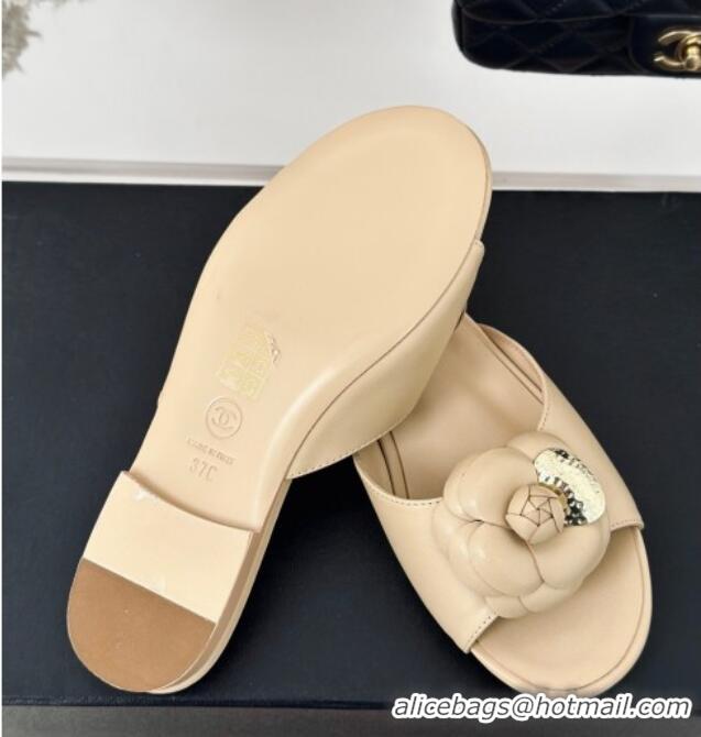 Most Popular Chanel Camellia Bloom Calfskin Flat Slide Sandals 1.5cm Beige 0224008