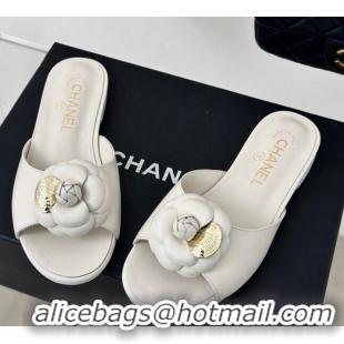 Trendy Design Chanel Camellia Bloom Calfskin Flat Slide Sandals 1.5cm White 0224009