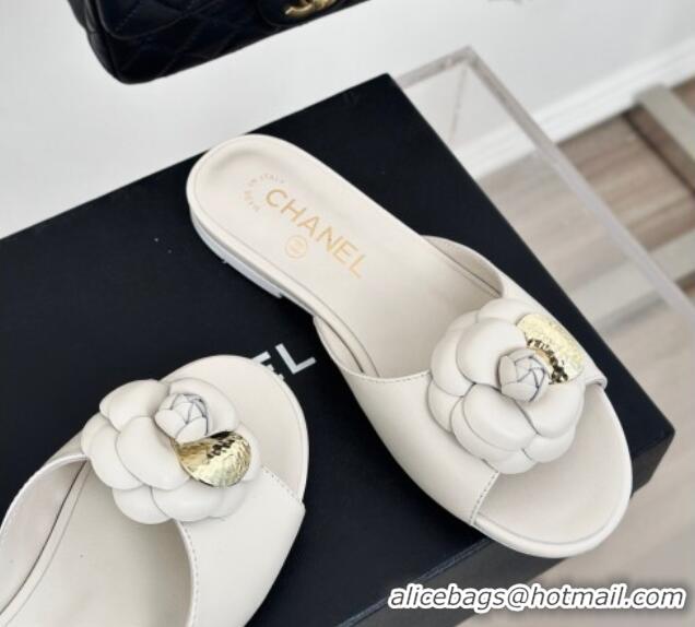 Trendy Design Chanel Camellia Bloom Calfskin Flat Slide Sandals 1.5cm White 0224009