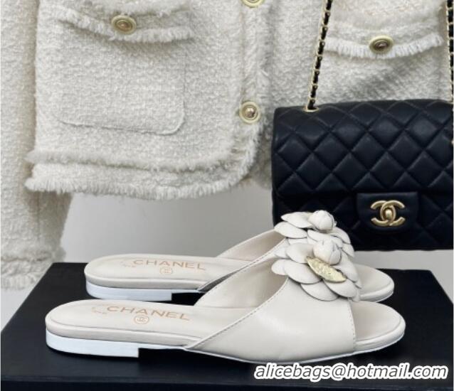 Trendy Design Chanel Camellia Bloom Calfskin Flat Slide Sandals 1.5cm White 0224009