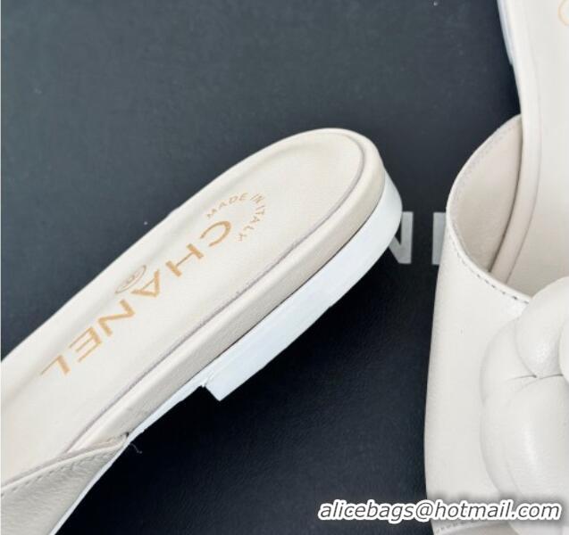 Trendy Design Chanel Camellia Bloom Calfskin Flat Slide Sandals 1.5cm White 0224009