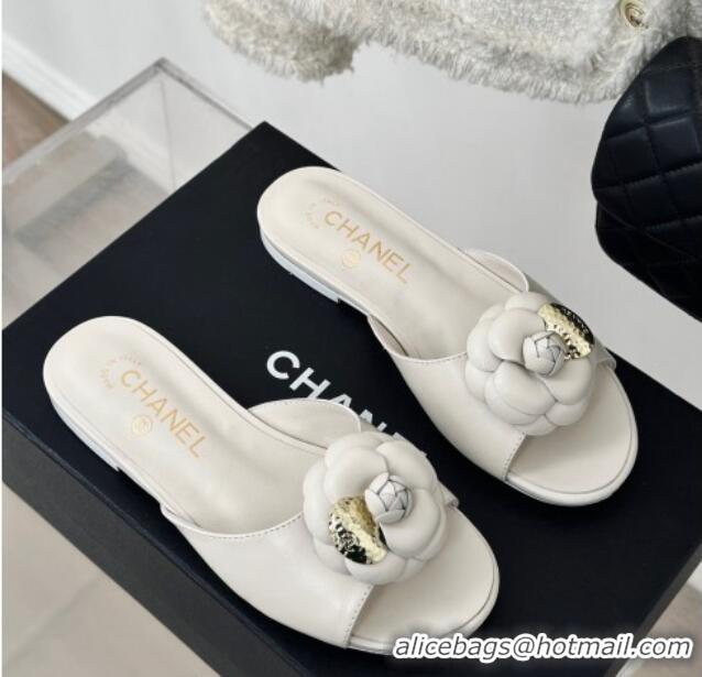 Trendy Design Chanel Camellia Bloom Calfskin Flat Slide Sandals 1.5cm White 0224009