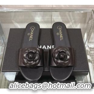 Durable Chanel Camellia Bloom Lambskin Flat Slide Sandals 1cm G45499 Black 0224010