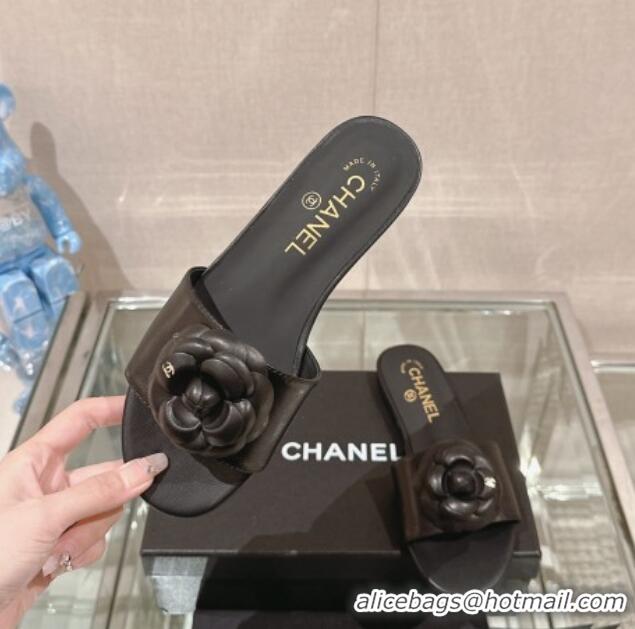 Durable Chanel Camellia Bloom Lambskin Flat Slide Sandals 1cm G45499 Black 0224010