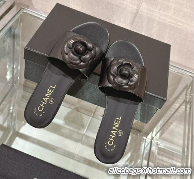 Durable Chanel Camellia Bloom Lambskin Flat Slide Sandals 1cm G45499 Black 0224010