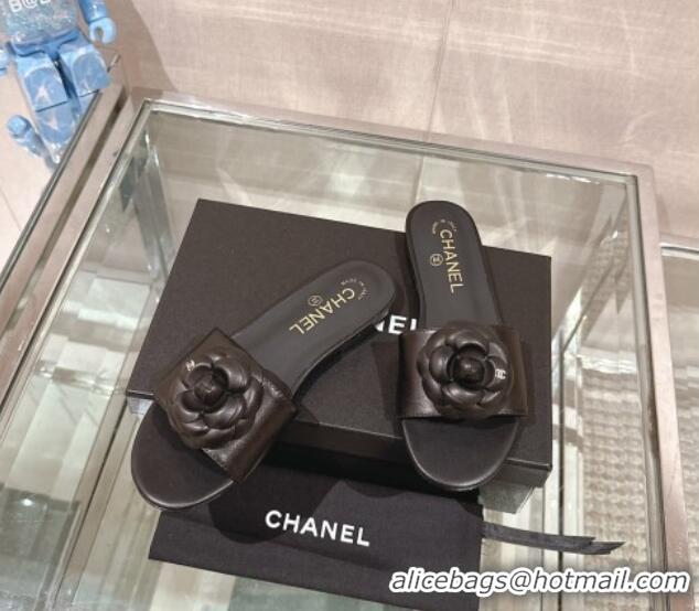 Durable Chanel Camellia Bloom Lambskin Flat Slide Sandals 1cm G45499 Black 0224010