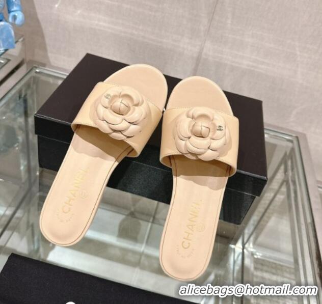 Good Looking Chanel Camellia Bloom Lambskin Flat Slide Sandals 1cm G45499 Beige 224012