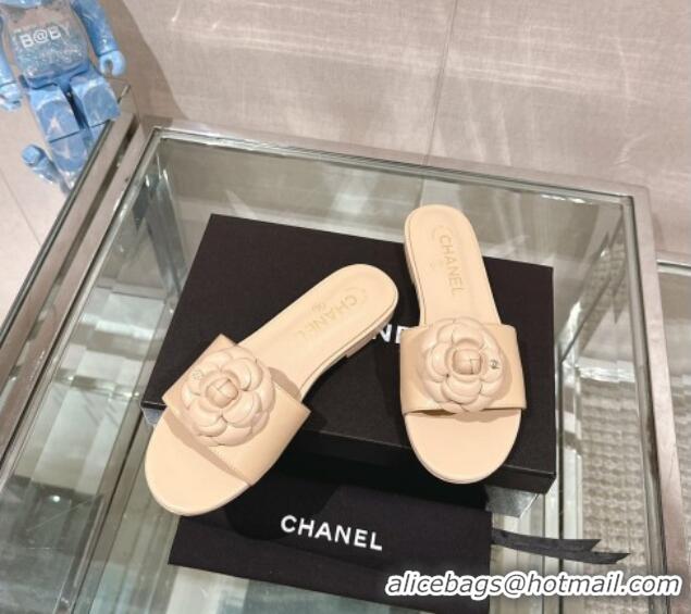 Good Looking Chanel Camellia Bloom Lambskin Flat Slide Sandals 1cm G45499 Beige 224012