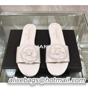 Perfect Chanel Camellia Bloom Lambskin Flat Slide Sandals 1cm G45499 White 0224013