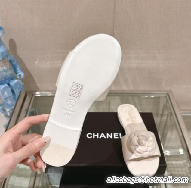 Perfect Chanel Camellia Bloom Lambskin Flat Slide Sandals 1cm G45499 White 0224013