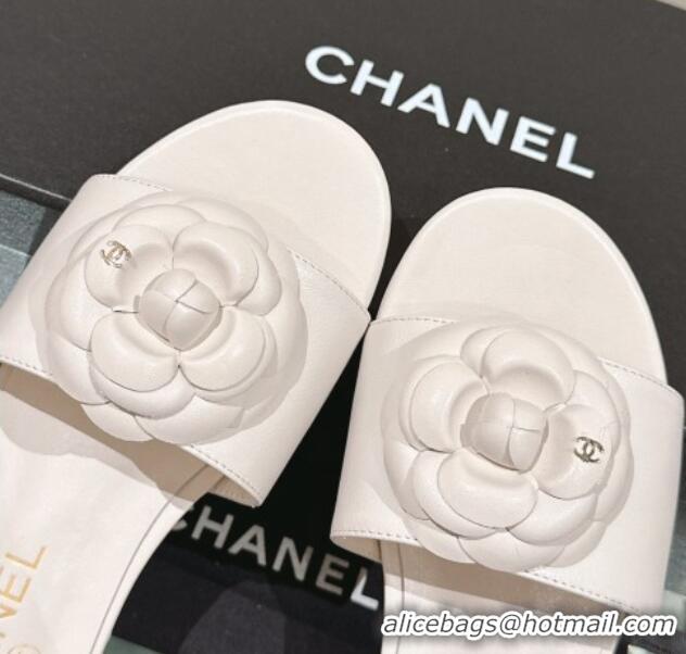 Perfect Chanel Camellia Bloom Lambskin Flat Slide Sandals 1cm G45499 White 0224013