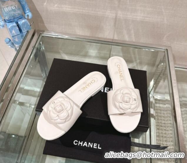 Perfect Chanel Camellia Bloom Lambskin Flat Slide Sandals 1cm G45499 White 0224013