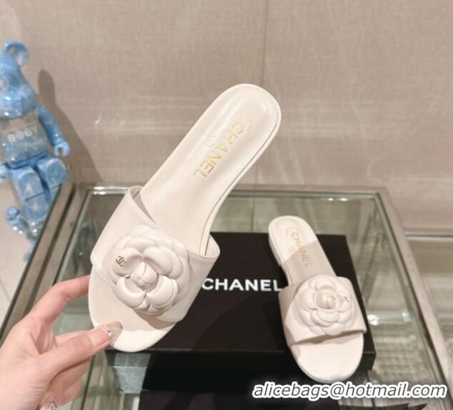 Perfect Chanel Camellia Bloom Lambskin Flat Slide Sandals 1cm G45499 White 0224013