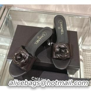 Pretty Style Chanel Camellia Bloom Lambskin Heel Slide Sandals 7cm Black 0224011