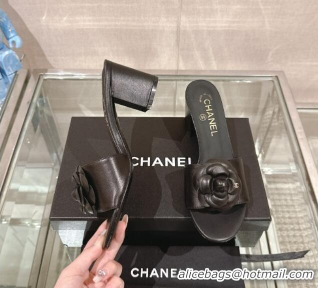 Pretty Style Chanel Camellia Bloom Lambskin Heel Slide Sandals 7cm Black 0224011