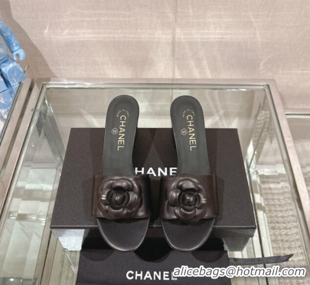 Pretty Style Chanel Camellia Bloom Lambskin Heel Slide Sandals 7cm Black 0224011