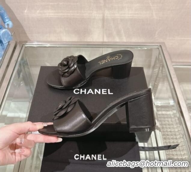 Pretty Style Chanel Camellia Bloom Lambskin Heel Slide Sandals 7cm Black 0224011