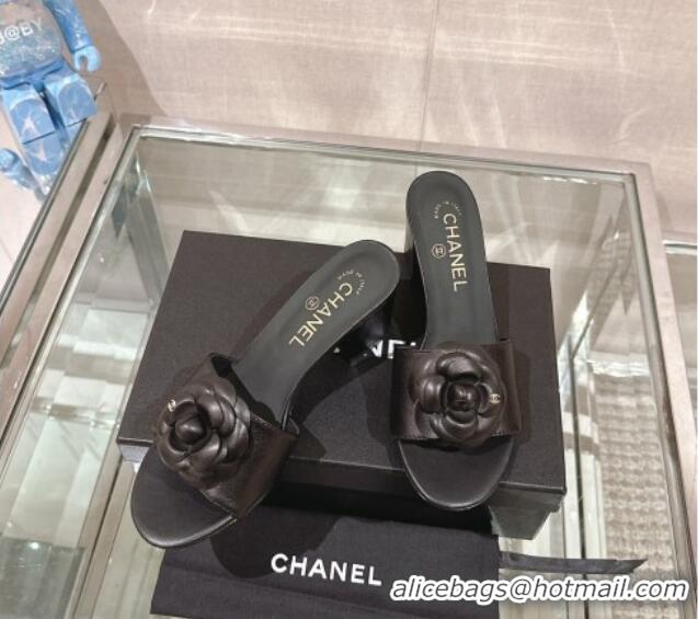 Pretty Style Chanel Camellia Bloom Lambskin Heel Slide Sandals 7cm Black 0224011