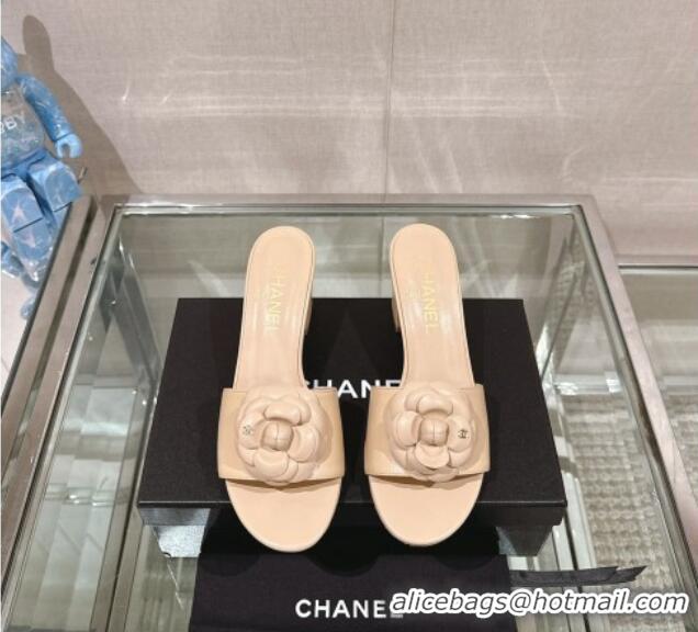 Grade Quality Chanel Camellia Bloom Lambskin Heel Slide Sandals 7cm Beige 0224014