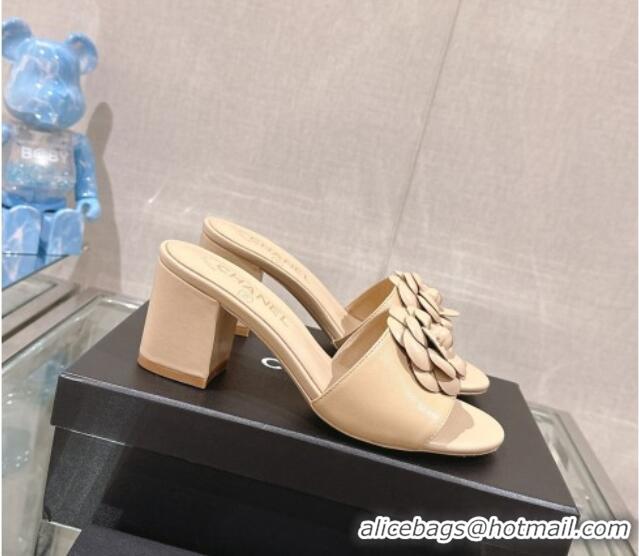 Grade Quality Chanel Camellia Bloom Lambskin Heel Slide Sandals 7cm Beige 0224014