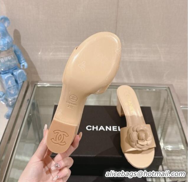 Grade Quality Chanel Camellia Bloom Lambskin Heel Slide Sandals 7cm Beige 0224014