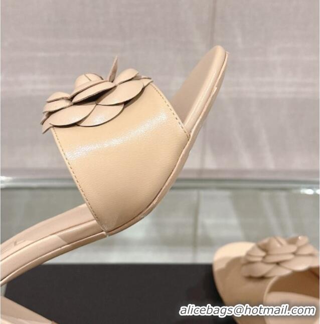 Grade Quality Chanel Camellia Bloom Lambskin Heel Slide Sandals 7cm Beige 0224014