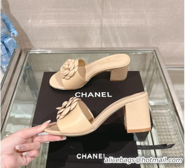 Grade Quality Chanel Camellia Bloom Lambskin Heel Slide Sandals 7cm Beige 0224014