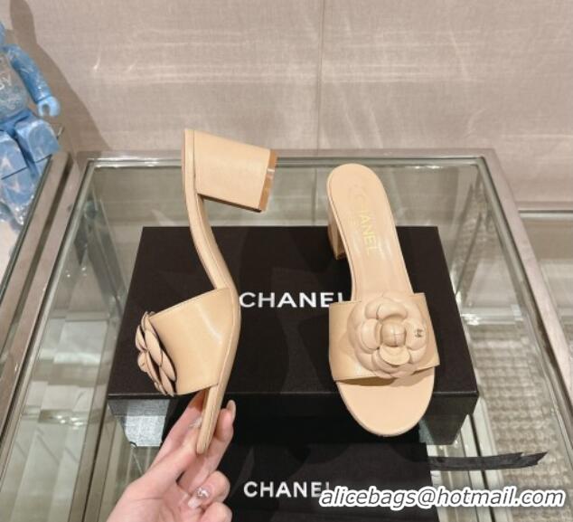 Grade Quality Chanel Camellia Bloom Lambskin Heel Slide Sandals 7cm Beige 0224014