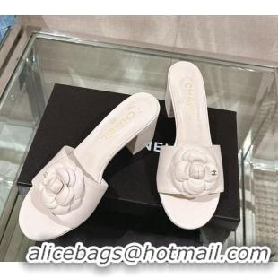 Unique Style Chanel Camellia Bloom Lambskin Heel Slide Sandals 7cm White 0224015