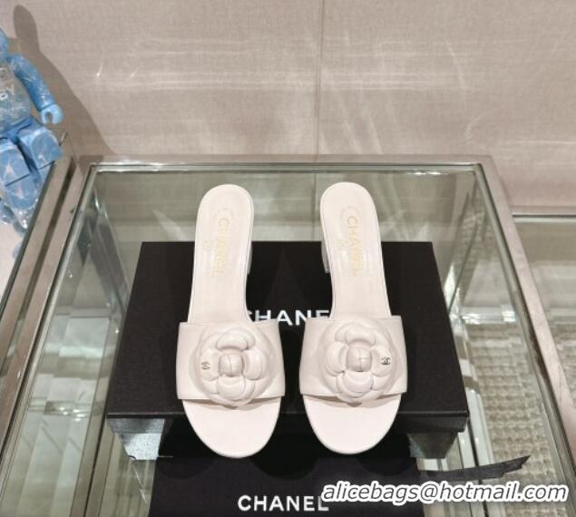 Unique Style Chanel Camellia Bloom Lambskin Heel Slide Sandals 7cm White 0224015