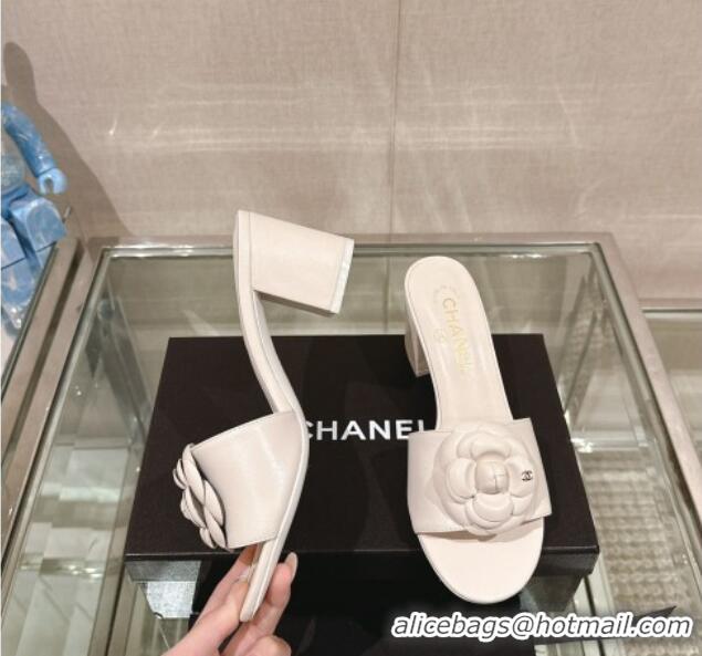 Unique Style Chanel Camellia Bloom Lambskin Heel Slide Sandals 7cm White 0224015