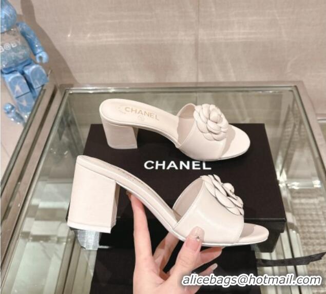 Unique Style Chanel Camellia Bloom Lambskin Heel Slide Sandals 7cm White 0224015