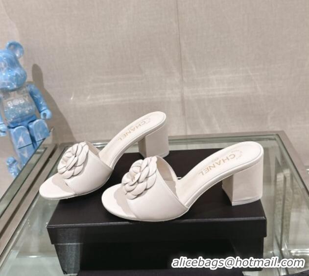 Unique Style Chanel Camellia Bloom Lambskin Heel Slide Sandals 7cm White 0224015