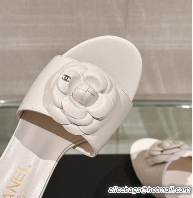 Unique Style Chanel Camellia Bloom Lambskin Heel Slide Sandals 7cm White 0224015