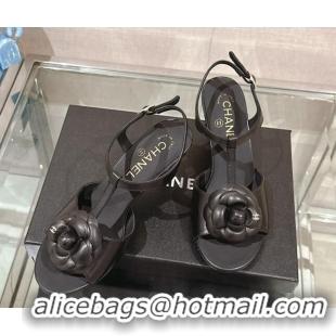 Good Quality Chanel Camellia Bloom Lambskin Leather Heel Sandals 7cm Black 0224016