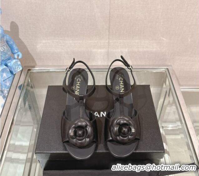 Good Quality Chanel Camellia Bloom Lambskin Leather Heel Sandals 7cm Black 0224016