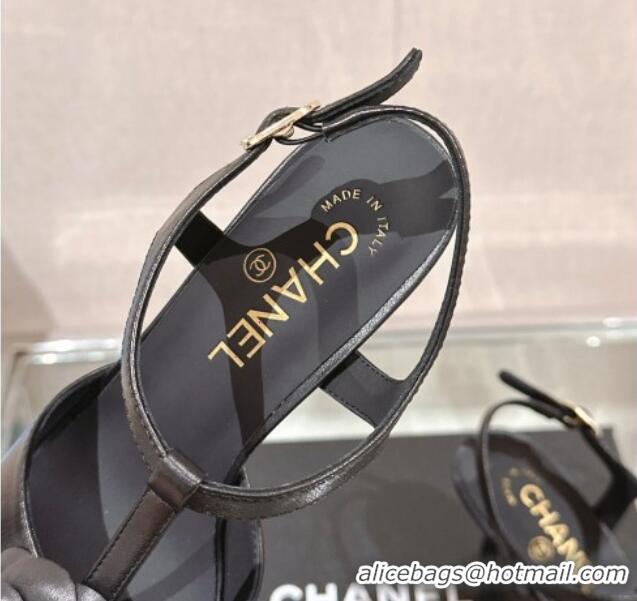 Good Quality Chanel Camellia Bloom Lambskin Leather Heel Sandals 7cm Black 0224016