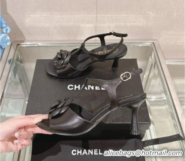 Good Quality Chanel Camellia Bloom Lambskin Leather Heel Sandals 7cm Black 0224016