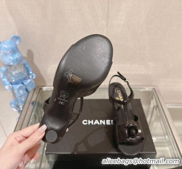 Good Quality Chanel Camellia Bloom Lambskin Leather Heel Sandals 7cm Black 0224016