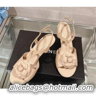 Buy Duplicate Chanel Camellia Bloom Lambskin Leather Heel Sandals 7cm Beige 0224017