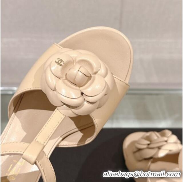 Buy Duplicate Chanel Camellia Bloom Lambskin Leather Heel Sandals 7cm Beige 0224017