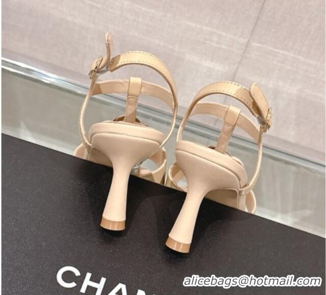 Buy Duplicate Chanel Camellia Bloom Lambskin Leather Heel Sandals 7cm Beige 0224017