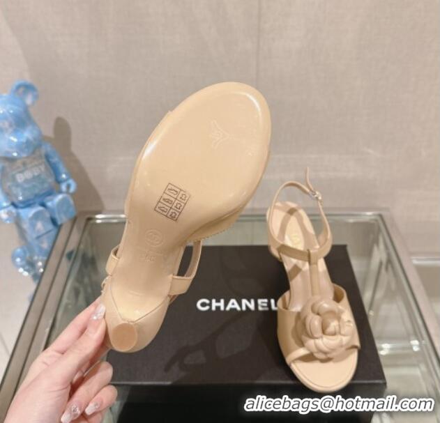 Buy Duplicate Chanel Camellia Bloom Lambskin Leather Heel Sandals 7cm Beige 0224017