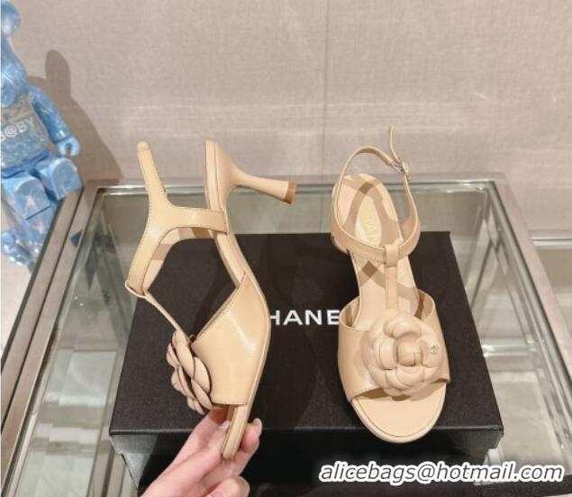 Buy Duplicate Chanel Camellia Bloom Lambskin Leather Heel Sandals 7cm Beige 0224017